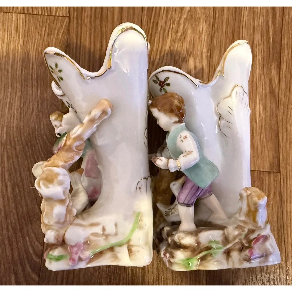 Vintage Porcelain Spill Vase Set‎ Boy Girl Figurine Hand Painted Floral Gold Rim
